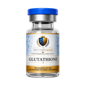 High-purity vial of Glutathione peptide lyophilizate inside a sterile laboratory setting, representing research-backed laboratory compounds.