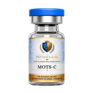MOTS-C research high-purity vial of MOTS-c peptide lyophilizate inside a sterile laboratory setting, representing research-backed laboratory compounds.
